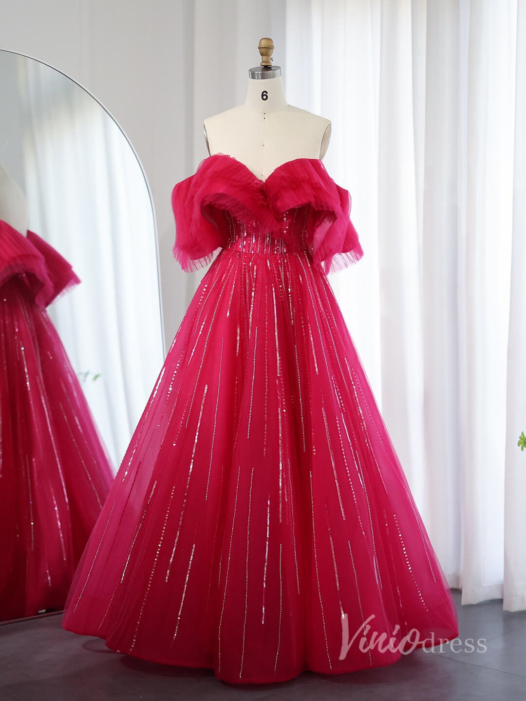 Red Off the Shoulder Prom Dresses Sequin Lace Formal Gown AD1187 - Viniodressprom dressesRedUS2 - Formal Dresses - Ball Gowns