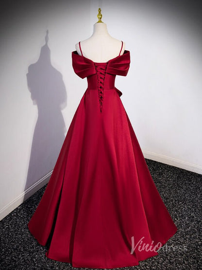 Red Off the Shoulder Satin Prom Dresses Spaghetti Strap Formal Gown 90049-prom dresses 2025 -Viniodress-Red-Custom Size-