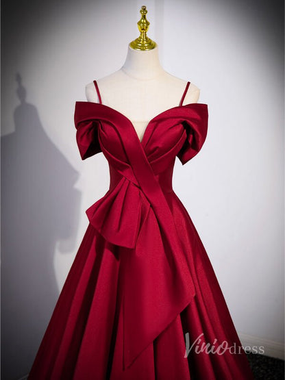 Red Off the Shoulder Satin Prom Dresses Spaghetti Strap Formal Gown 90049-prom dresses 2025 -Viniodress-Red-Custom Size-