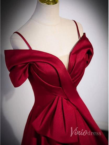 Red Off the Shoulder Satin Prom Dresses Spaghetti Strap Formal Gown 90049-prom dresses 2025 -Viniodress-Red-Custom Size-