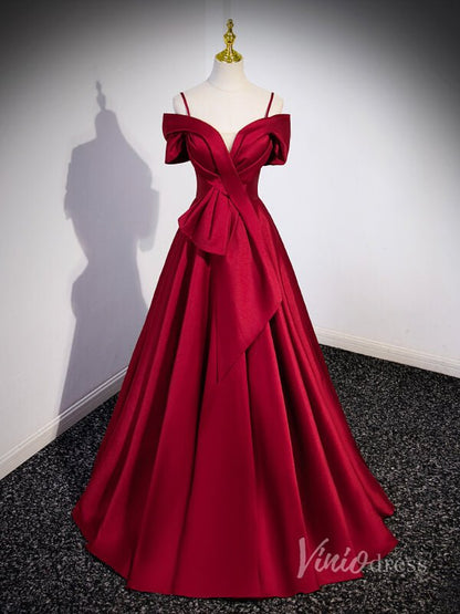 Red Off the Shoulder Satin Prom Dresses Spaghetti Strap Formal Gown 90049-prom dresses 2025 -Viniodress-Red-Custom Size-