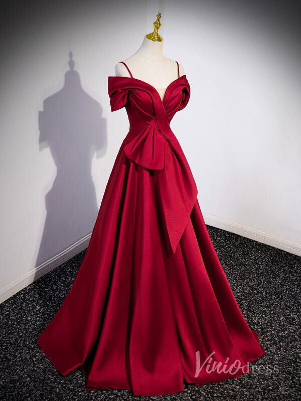 Red Off the Shoulder Satin Prom Dresses Spaghetti Strap Formal Gown 90049 - Viniodressprom dressesRedCustom Size - Formal Dresses - Ball Gowns