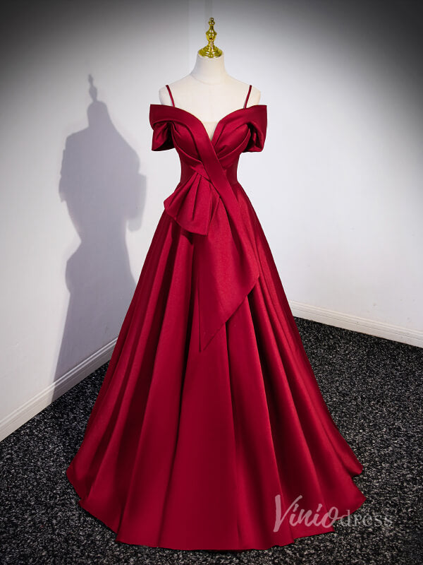 Prom Dress 2025 Red Off the Shoulder Satin Cheap Prom Dresses Spaghetti Strap Formal Gown 90049-unique prom dresses-Red-Custom Size-Viniodress