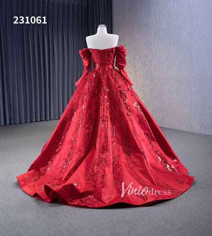 Red Off the Shoulder Sequin Quinceanera Dresses Long Sleeve Formal Gown 231061-Quinceanera Dresses 2025 -Viniodress-Red-Custom Size-