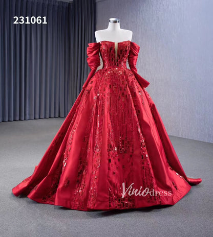 Red Off the Shoulder Sequin Quinceanera Dresses Long Sleeve Formal Gown 231061-Quinceanera Dresses 2025 -Viniodress-Red-Custom Size-