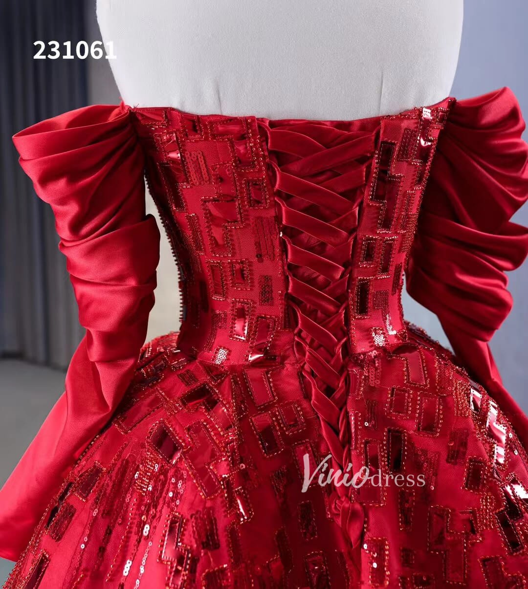 Red Off the Shoulder Sequin Quinceanera Dresses Long Sleeve Formal Gown 231061-Quinceanera Dresses 2025 -Viniodress-Red-Custom Size-
