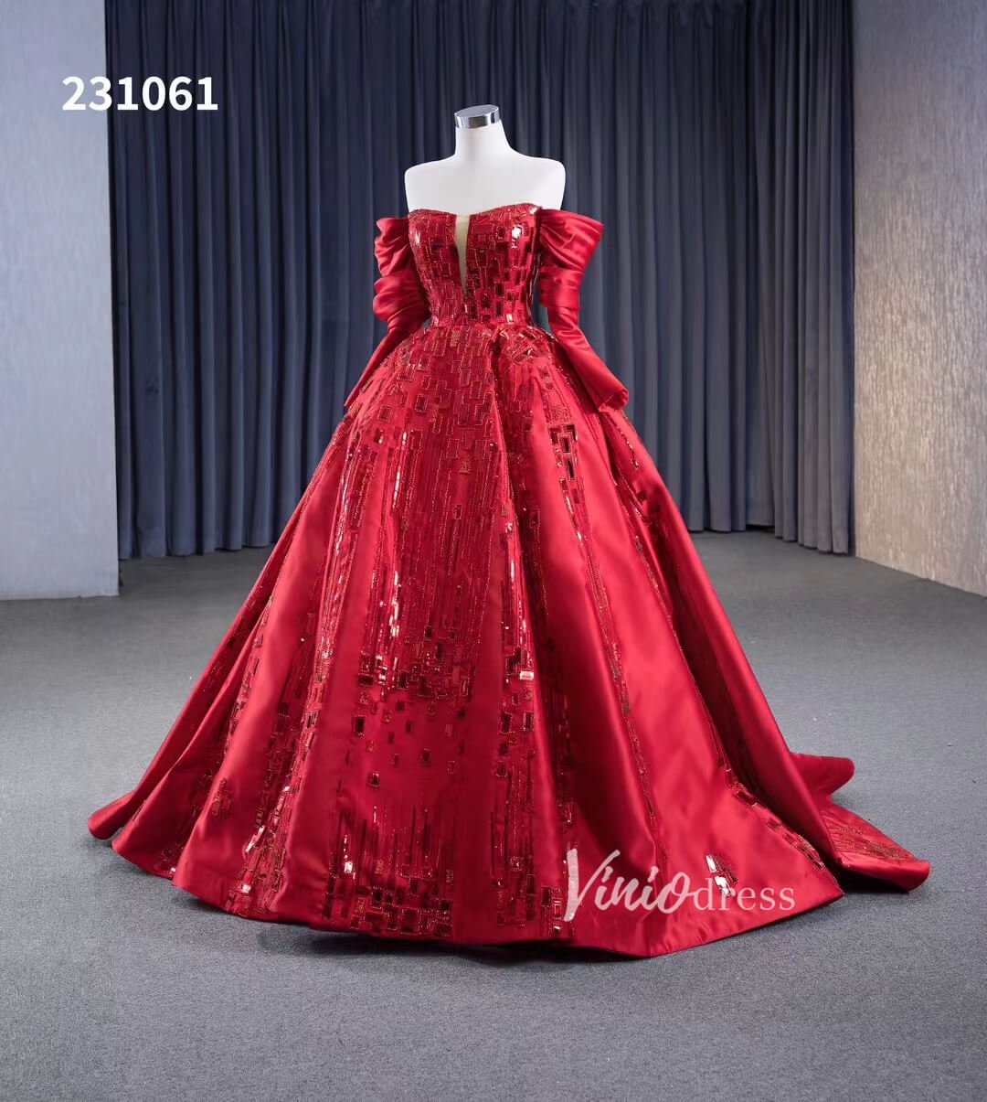 Red Off the Shoulder Sequin Quinceanera Dresses Long Sleeve Formal Gown 231061 - ViniodressQuinceanera DressesRedCustom Size - Formal Dresses - Ball Gowns