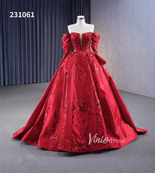 Red Off the Shoulder Sequin Quinceanera Dresses Long Sleeve Formal Gown 231061 - ViniodressQuinceanera DressesRedCustom Size - Formal Dresses - Ball Gowns