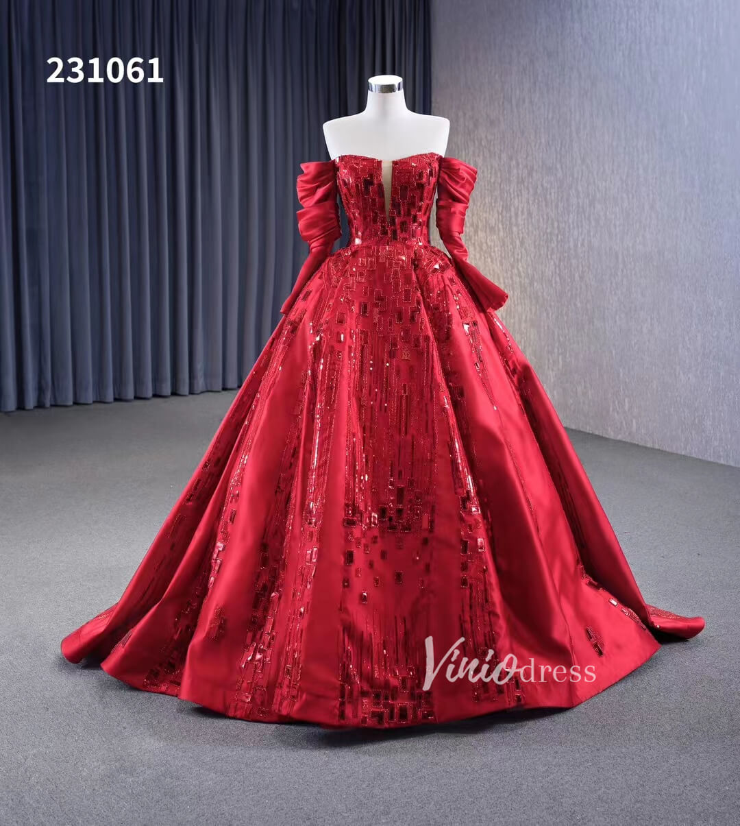 Red Off the Shoulder Sequin Quinceanera Dresses Long Sleeve Formal Gown 231061-Quinceanera Dresses-Viniodress-Red-Custom Size-Viniodress