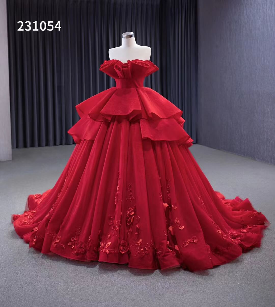 Red Off the Shoulder Sweet 16 Ball Gowns Ruffled Wedding Dresses with Flowers 231054-Quinceanera Dresses-Viniodress-Viniodress