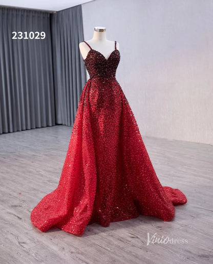 Red Ombre Beaded Wedding Dresses with Removable Overskirt Spaghetti Strap Pageant Dress 231029-Quinceanera Dresses 2025 -Viniodress-Red-Custom Size-