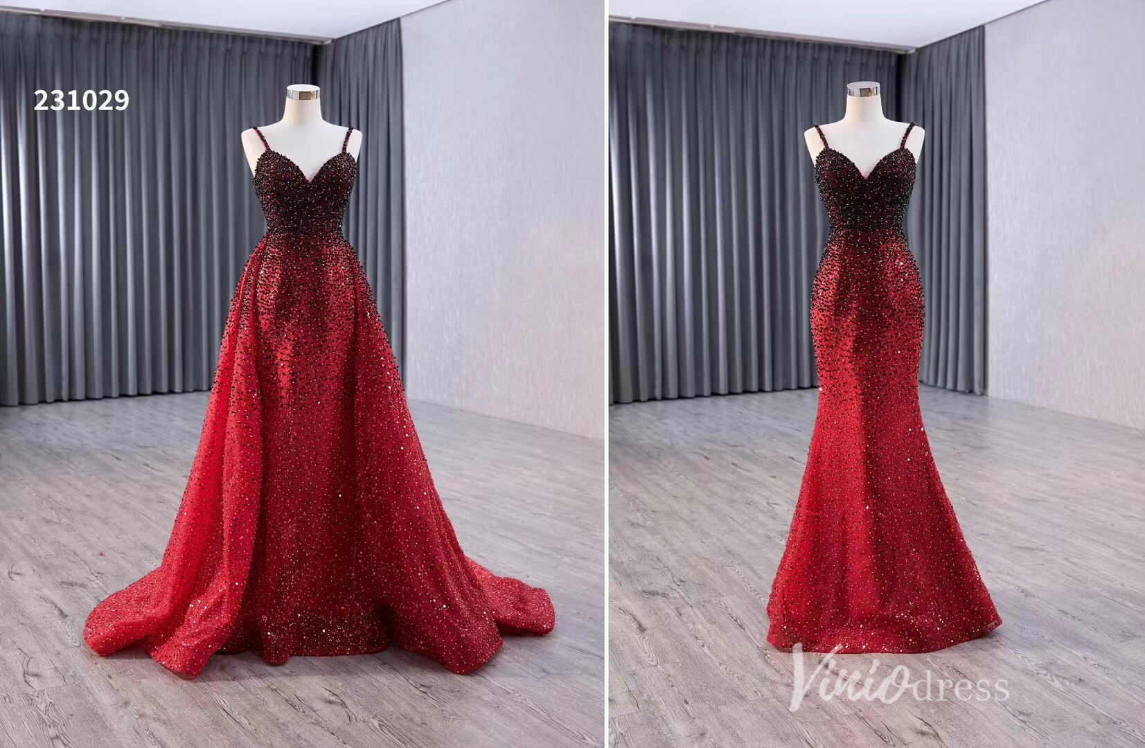 Red Ombre Beaded Wedding Dresses with Removable Overskirt Spaghetti Strap Pageant Dress 231029-Quinceanera Dresses 2025 -Viniodress-Red-Custom Size-