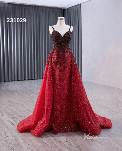 Red Ombre Beaded Wedding Dresses with Removable Overskirt Spaghetti Strap Pageant Dress 231029-Quinceanera Dresses 2025 -Viniodress-Red-Custom Size-