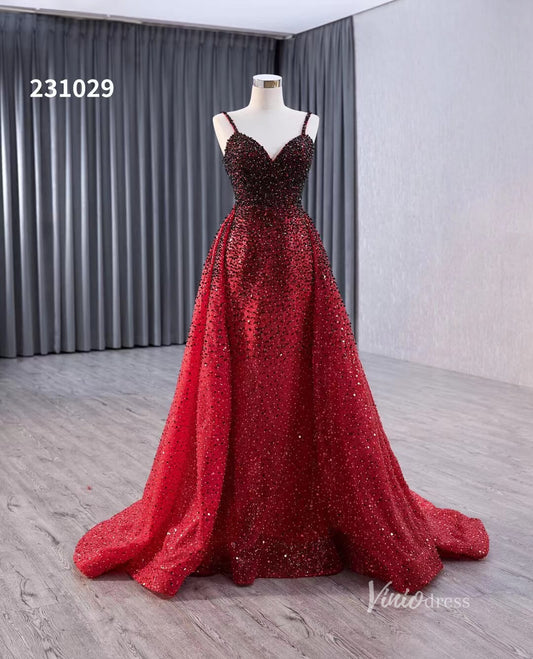 Red Ombre Beaded Wedding Dresses with Removable Overskirt Spaghetti Strap Pageant Dress 231029 - ViniodressQuinceanera DressesRedCustom Size - Formal Dresses - Ball Gowns