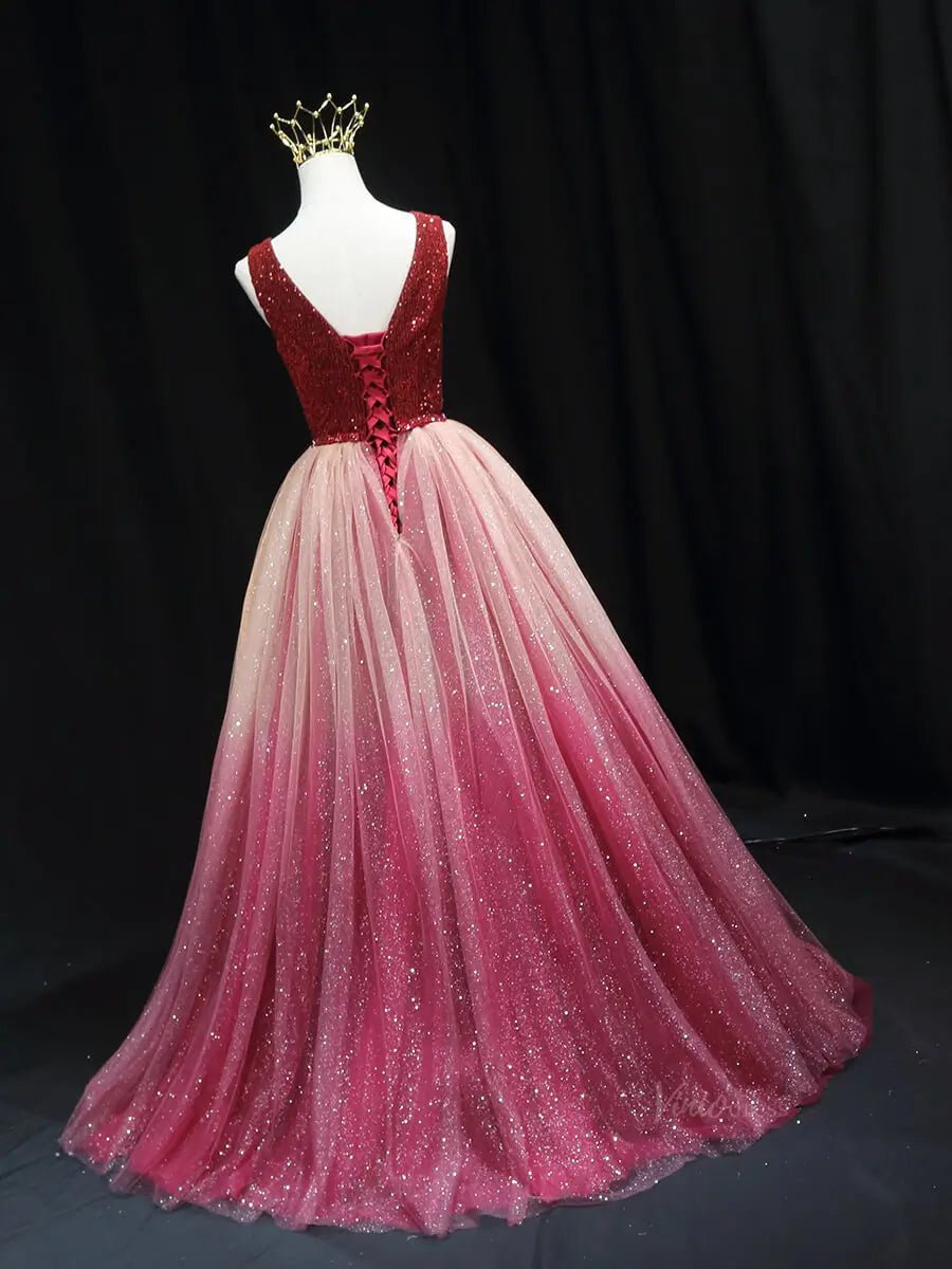 Red Ombre Sparkly Tulle Prom Dresses with V - Neck, Beaded Lace, Quinceanera Dresses SU053 - Viniodressprom dressesRedCustom Size - Formal Dresses - Ball Gowns