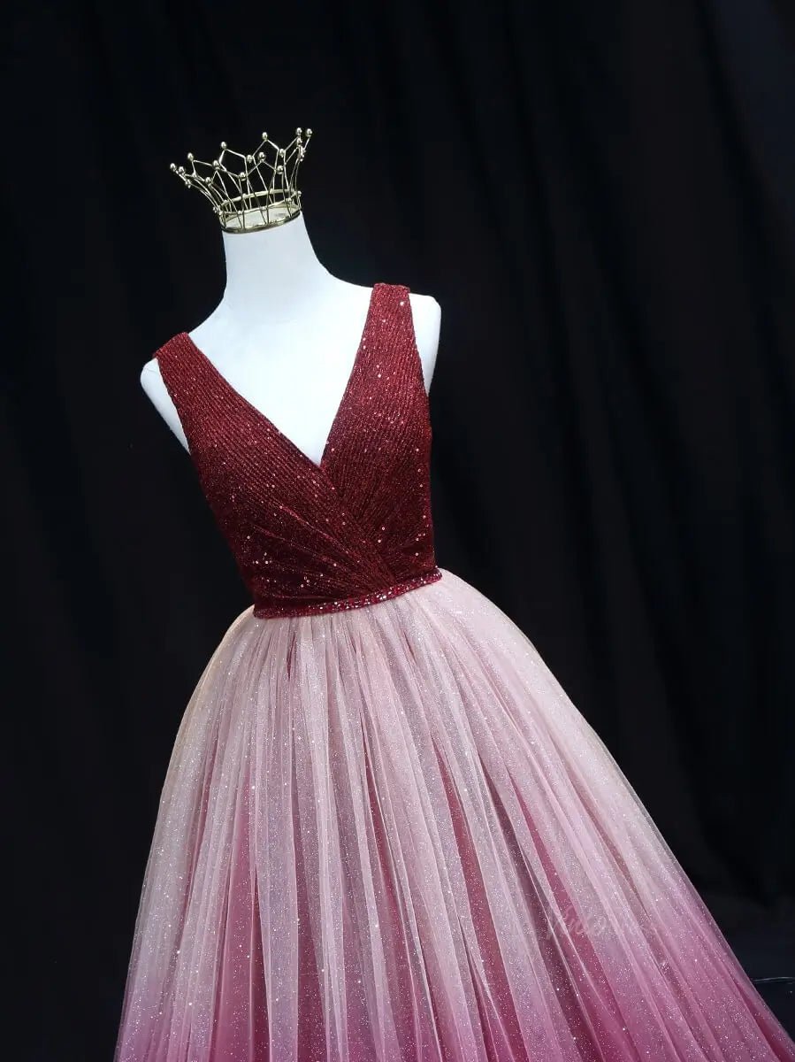 Red Ombre Sparkly Tulle Prom Dresses with V - Neck, Beaded Lace, Quinceanera Dresses SU053 - Viniodressprom dressesRedCustom Size - Formal Dresses - Ball Gowns