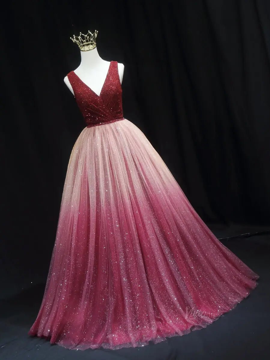 Red Ombre Sparkly Tulle Prom Dresses with V - Neck, Beaded Lace, Quinceanera Dresses SU053 - Viniodressprom dressesRedCustom Size - Formal Dresses - Ball Gowns