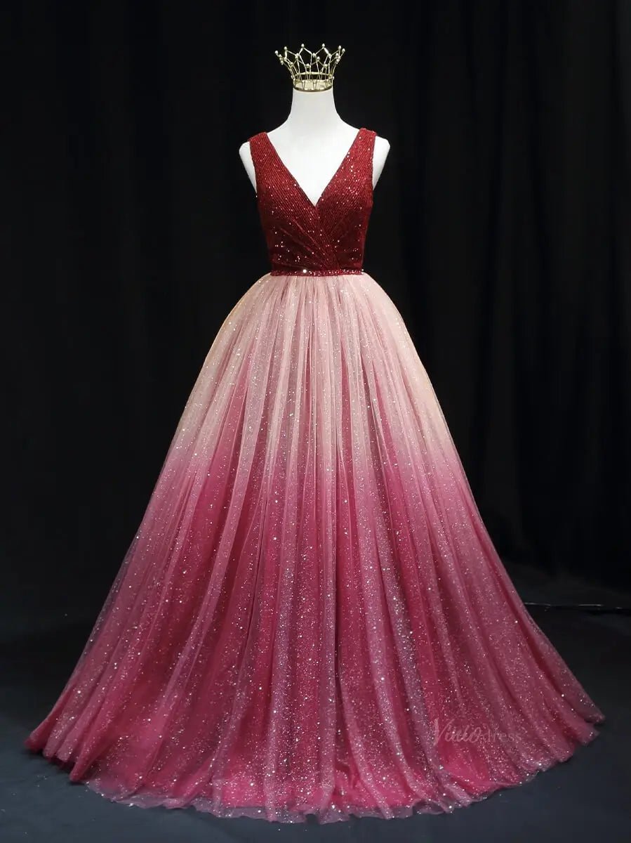 Red Ombre Sparkly Tulle Prom Dresses with V - Neck, Beaded Lace, Quinceanera Dresses SU053 - Viniodressprom dressesRedCustom Size - Formal Dresses - Ball Gowns