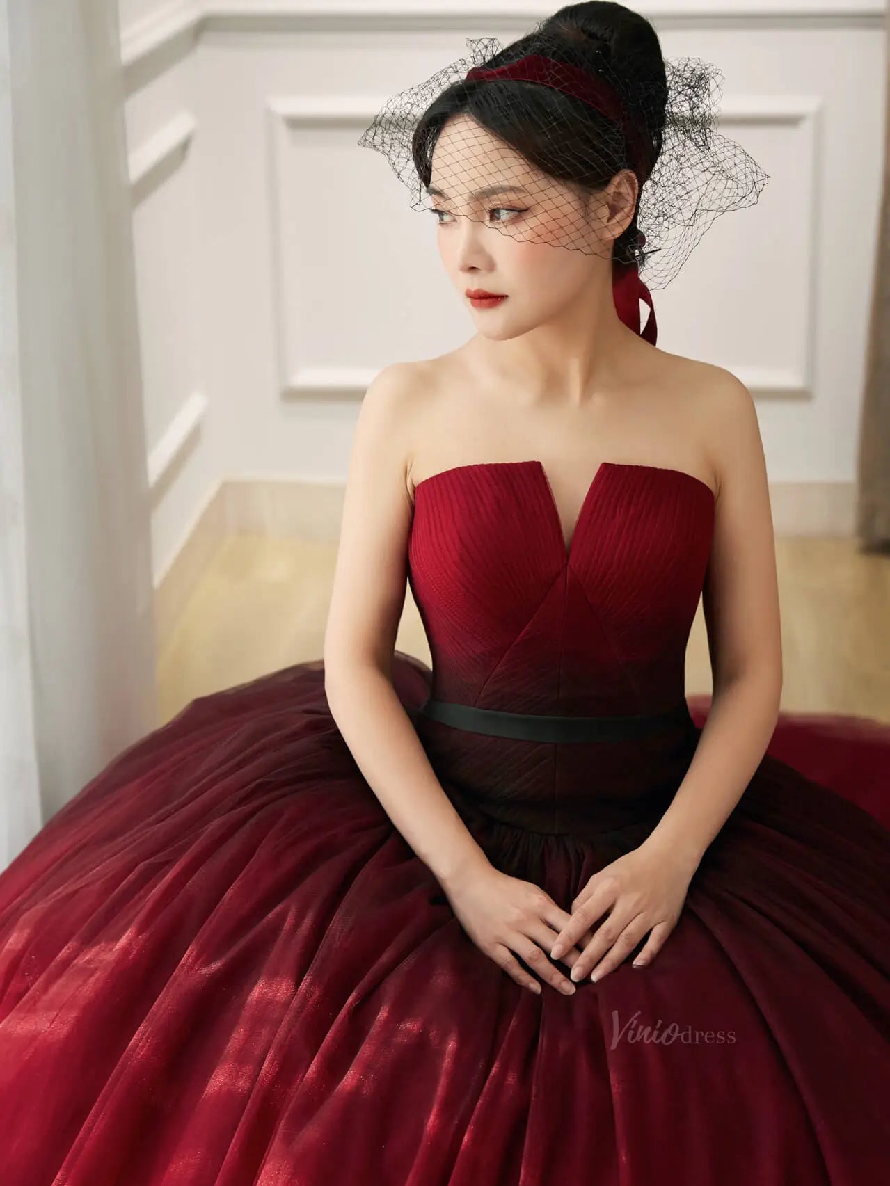 Red Ombre Tulle Prom Dresses Strapless Quinceanera Dresses SU052-prom dresses 2025 -Viniodress-Red-Custom Size-