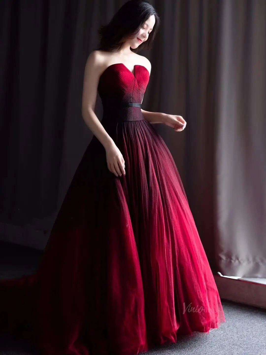 prom dresses 2025 Red Ombre Tulle Prom Dresses Strapless Quinceanera Dresses SU052-plus size wedding dresses Viniodress-Red-Custom Size-