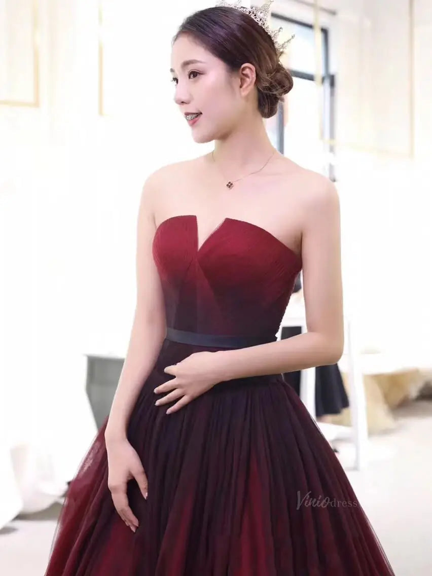 prom dresses 2025 Red Ombre Tulle Prom Dresses Strapless Quinceanera Dresses SU052-plus size wedding dresses Viniodress-Red-Custom Size-