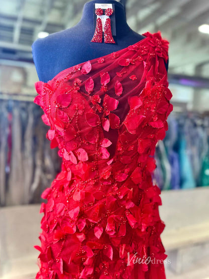 Red One Shoulder Lace Applique Prom Dresses Sheer Bodice FD4082-prom dresses 2025 -Viniodress-Red-Custom Size-