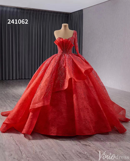 Red One Shoulder Overskirt Wedding Gown Beaded Lace Quinceanera Dress 241062-Quinceanera Dresses 2025 -Viniodress-Red-Custom Size-