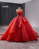 Red One Shoulder Overskirt Wedding Gown Beaded Lace Quinceanera Dress 241062-Quinceanera Dresses-Viniodress-Red-Custom Size-Viniodress