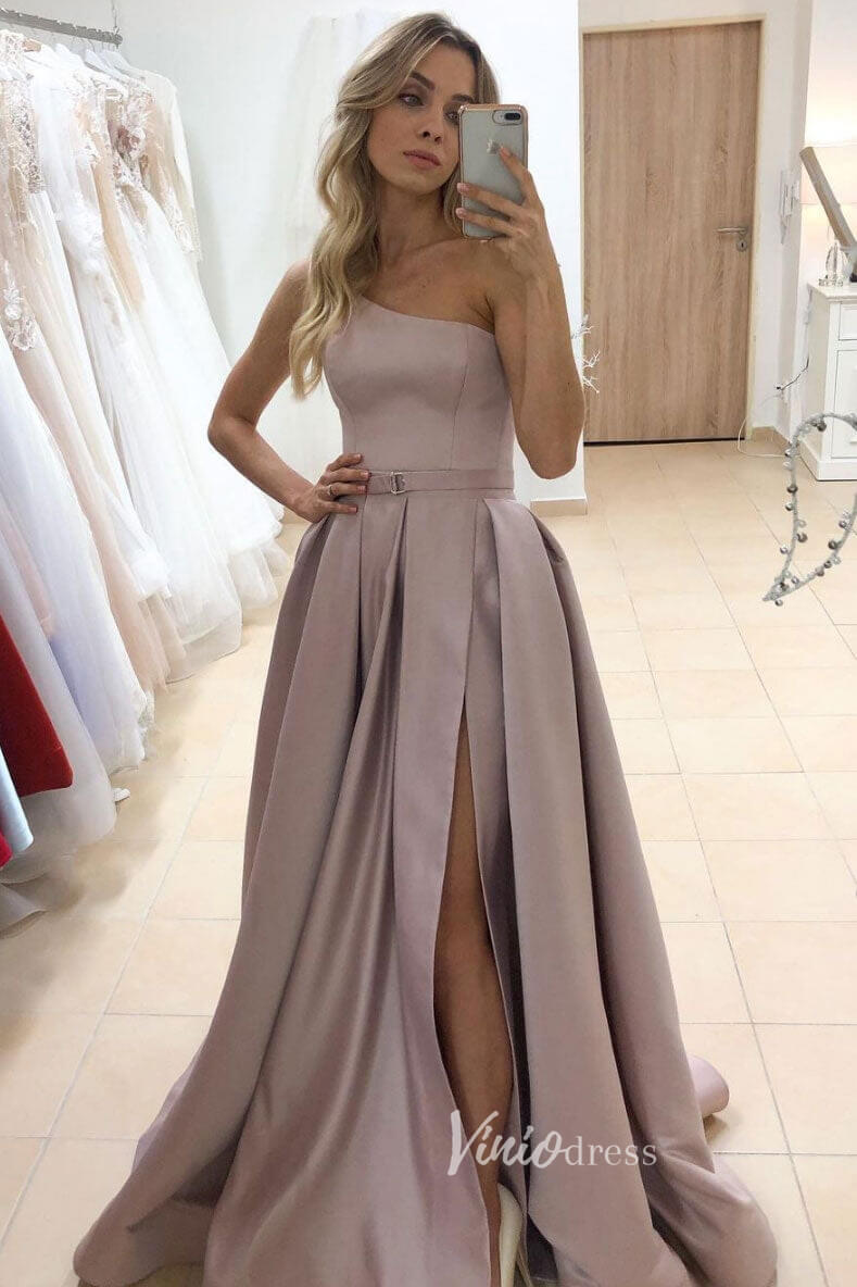 Red One Shoulder Prom Dresses With Slit Satin A-Line Evening Dress FD3060-prom dresses 2025 -Viniodress-Mauve-Custom Size-