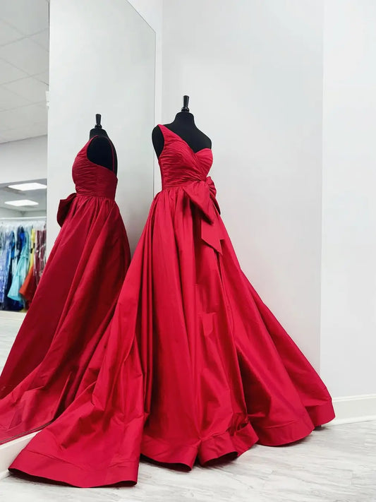 prom dresses 2025-to impress Red One Shoulder Satin Prom Dress with Pleated Bodice, Bow & Sweetheart Neckline – Style FD6078-plus size wedding dresses Viniodress-Red-Custom Size-