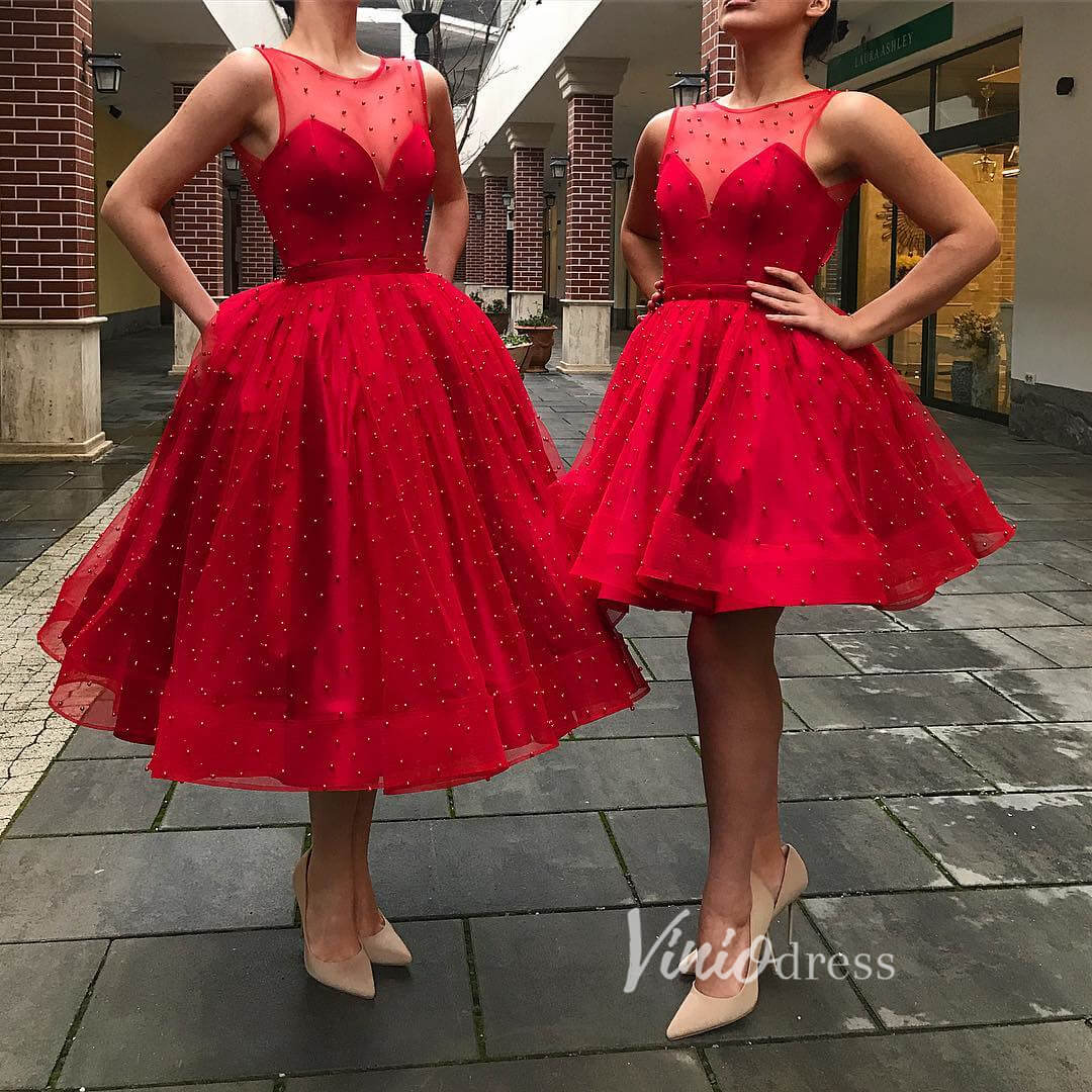 Short Prom Dresses 2025 Red Pearl Homecoming Dresses A-line Tea Length Prom Dress FD2807-homecoming dresses-Viniodress-Red-Custom Size-A-Viniodress