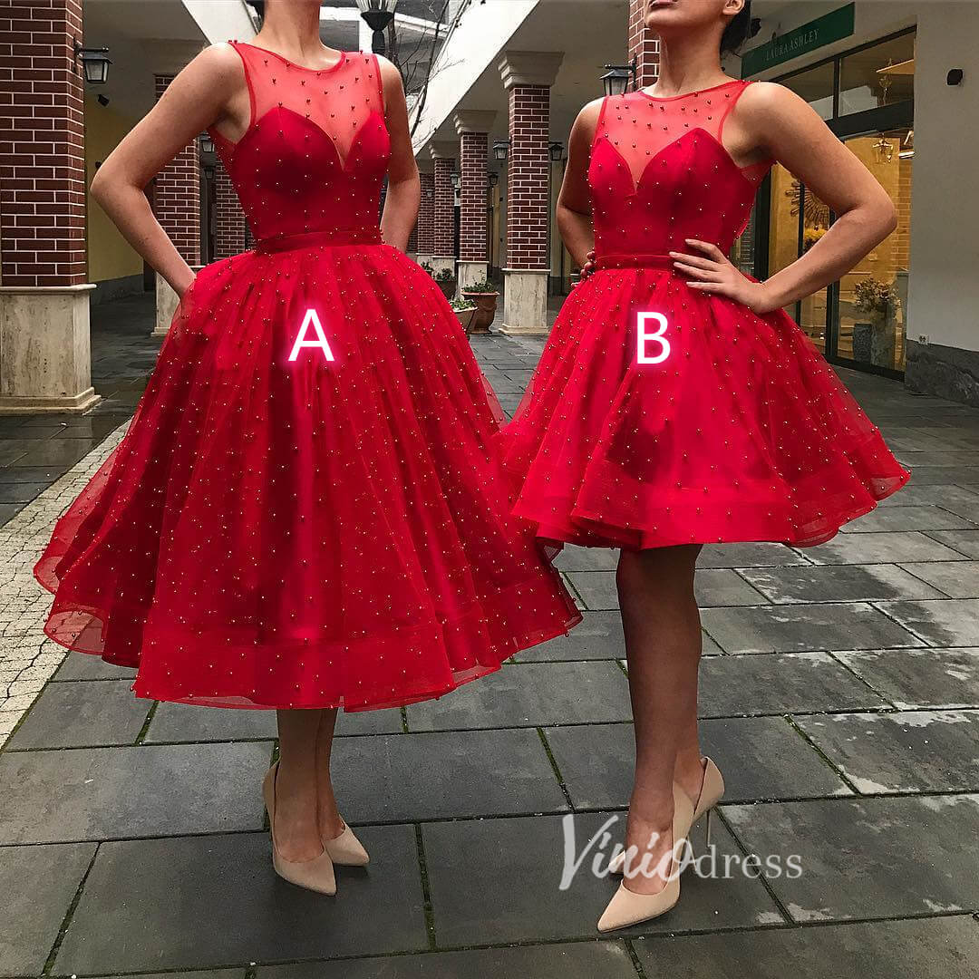 Short Prom Dresses 2025 Red Pearl Homecoming Dresses A-line Tea Length Prom Dress FD2807-homecoming dresses-Viniodress-Red-Custom Size-A-Viniodress