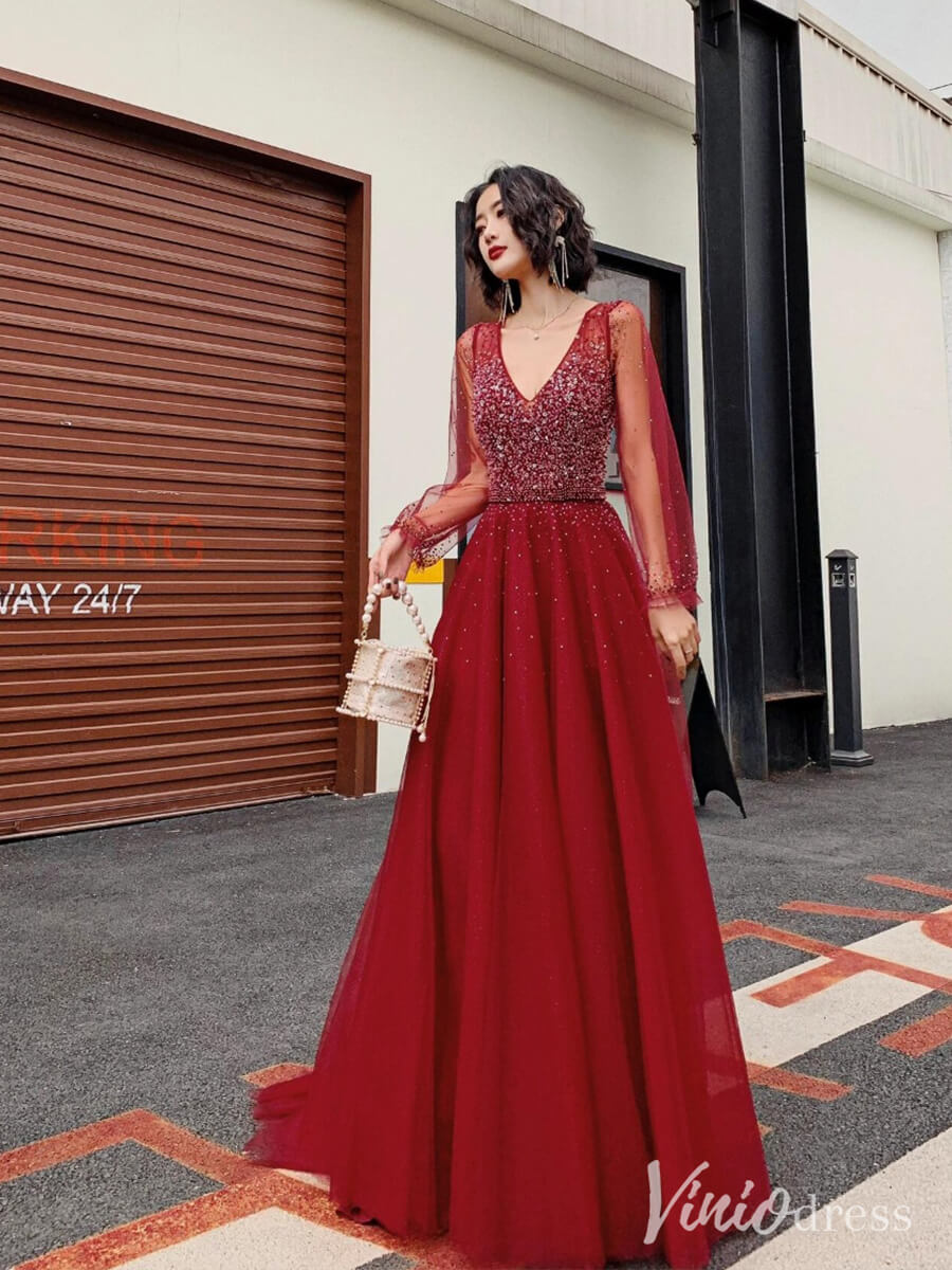 Red Pearl Long Sleeve Prom Dresses V-Neck Tulle Formal Dress AD1331-prom dresses 2025 -Viniodress-Red-Custom Size-