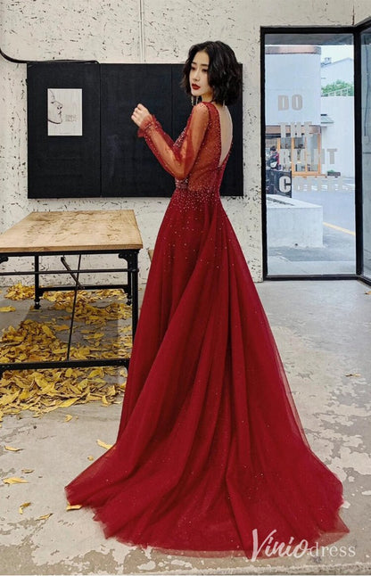 Red Pearl Long Sleeve Prom Dresses V-Neck Tulle Formal Dress AD1331-prom dresses 2025 -Viniodress-Red-Custom Size-