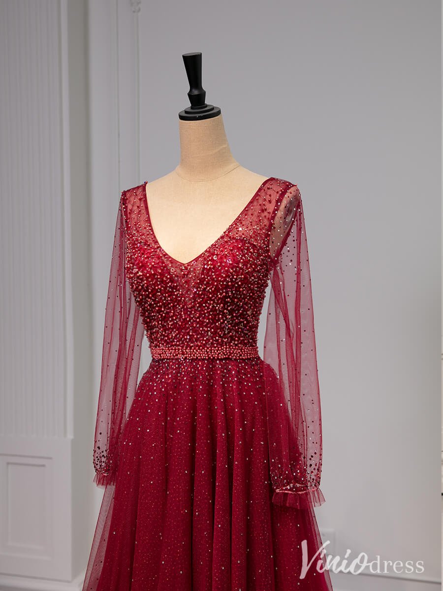 Red Pearl Long Sleeve Prom Dresses V-Neck Tulle Formal Dress AD1331-prom dresses 2025 -Viniodress-Red-Custom Size-
