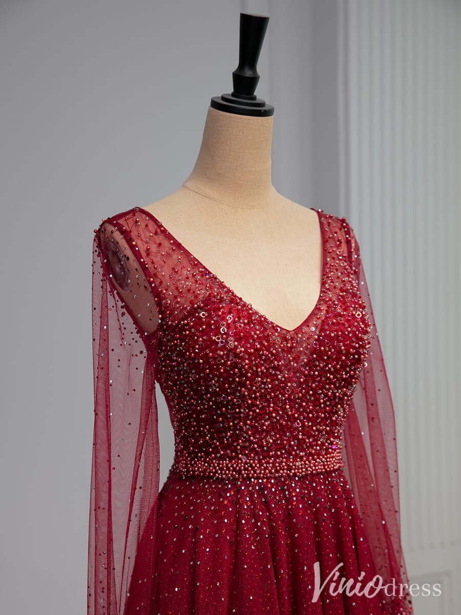 Red Pearl Long Sleeve Prom Dresses V-Neck Tulle Formal Dress AD1331-prom dresses 2025 -Viniodress-Red-Custom Size-