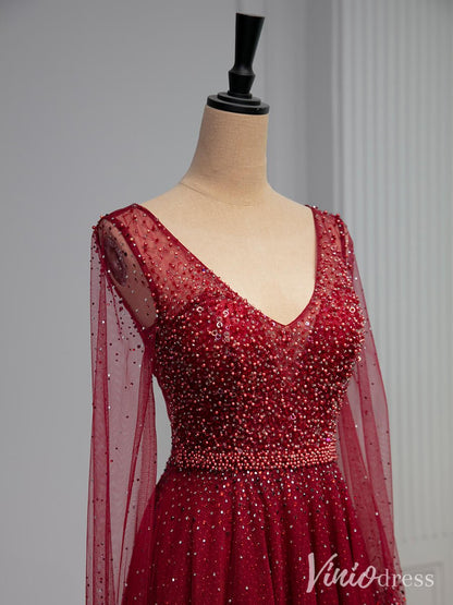 Red Pearl Long Sleeve Prom Dresses V-Neck Tulle Formal Dress AD1331-prom dresses 2025 -Viniodress-Red-Custom Size-