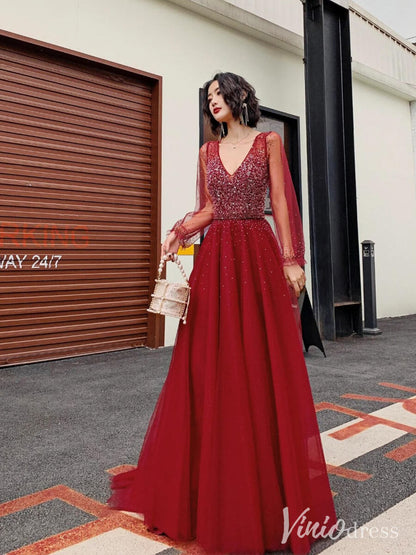 Red Pearl Long Sleeve Prom Dresses V-Neck Tulle Formal Dress AD1331   Viniodress
