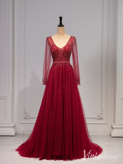 Red Pearl Long Sleeve Prom Dresses V-Neck Tulle Formal Dress AD1331 Viniodress Red Pearl Long Sleeve Prom Dresses V-Neck Tulle Formal Dress AD1331 Viniodress
