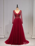 Red Pearl Long Sleeve Prom Dresses V-Neck Tulle Formal Dress AD1331-prom dresses-Viniodress-Red-Custom Size-Viniodress