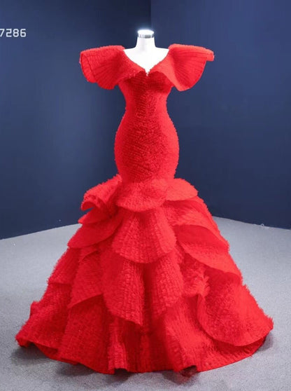 Red Petal Mermaid Pageant Dress Layered Ruffle Wedding Dress 67286 viniodress-prom dresses 2025 -Viniodress-Red-Custom Size-