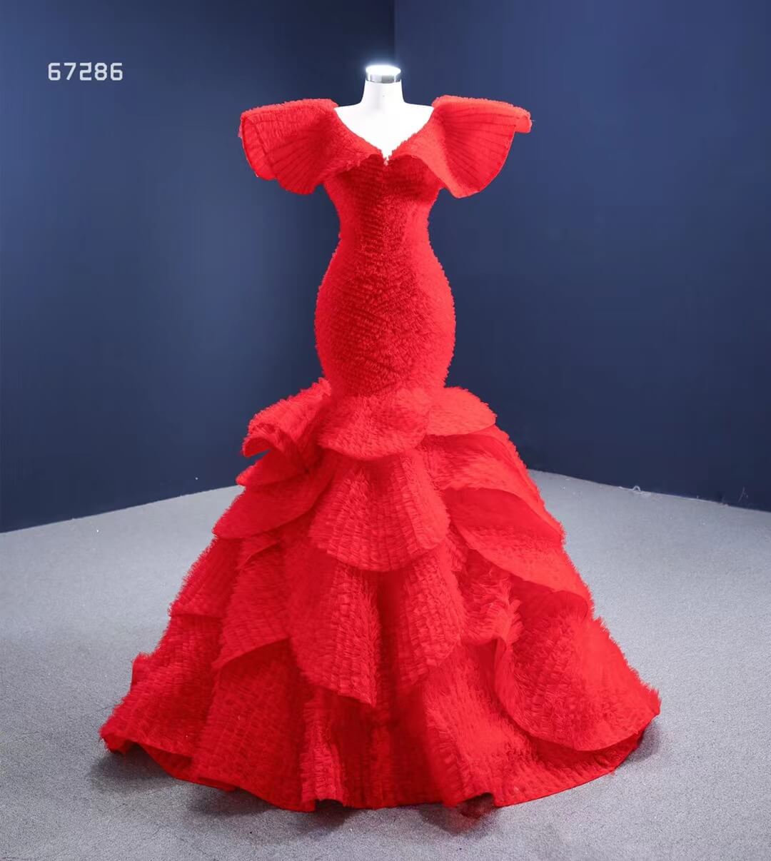 Red Petal Mermaid Pageant Dress Layered Ruffle Wedding Dress 67286 viniodress-prom dresses 2025 -Viniodress-Red-Custom Size-