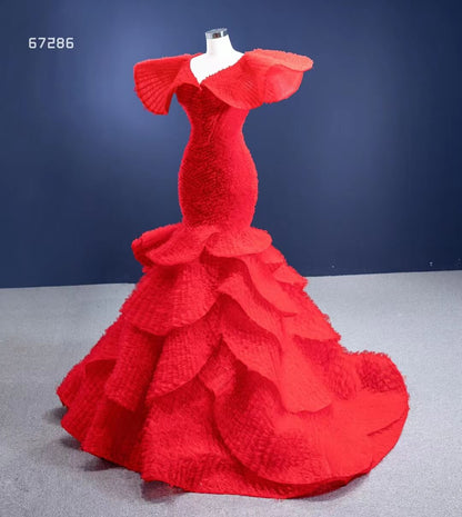 Red Petal Mermaid Pageant Dress Layered Ruffle Wedding Dress 67286 viniodress-prom dresses 2025 -Viniodress-Red-Custom Size-