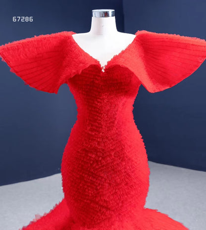 Red Petal Mermaid Pageant Dress Layered Ruffle Wedding Dress 67286 viniodress-prom dresses 2025 -Viniodress-Red-Custom Size-