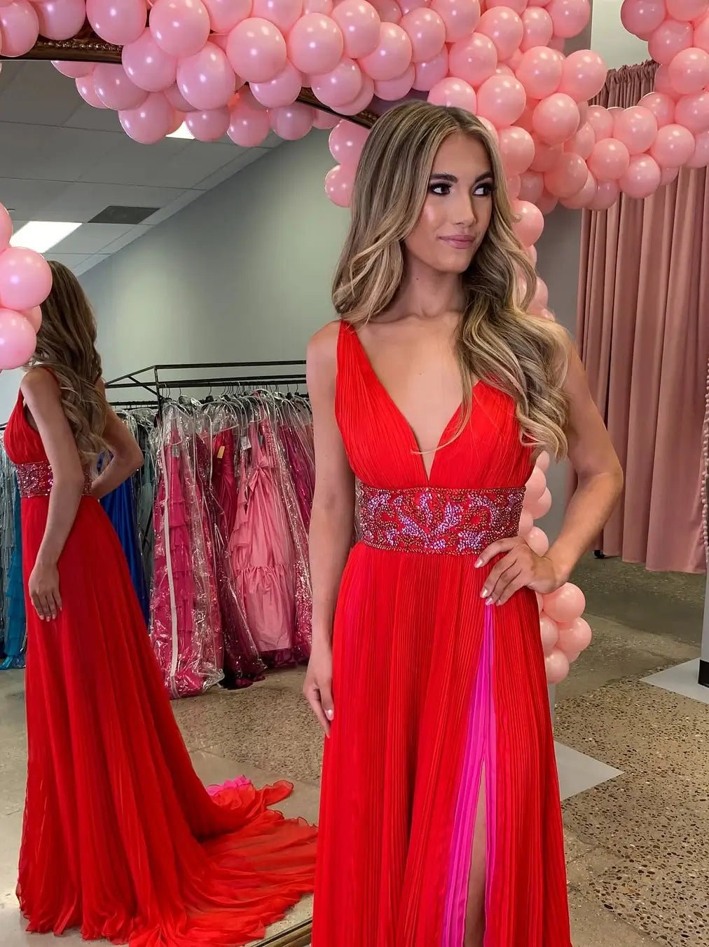 Red Pleated Chiffon Prom Dress with Slit, V-Neck & Beaded Waist – Style FD6061-prom dresses 2025 -Viniodress-Red-Custom Size-