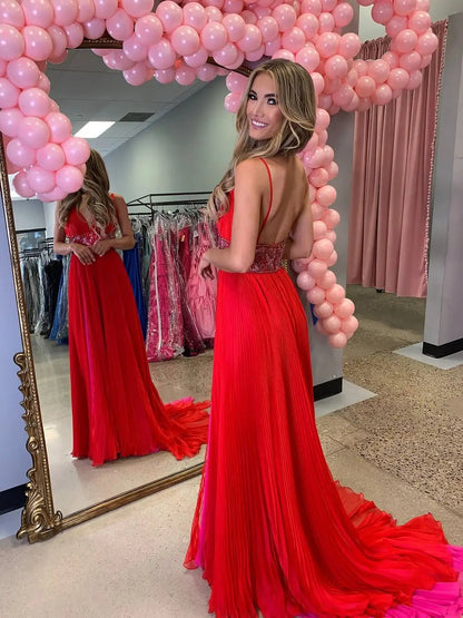 Red Pleated Chiffon Prom Dress with Slit, V-Neck & Beaded Waist – Style FD6061-prom dresses 2025 -Viniodress-Red-Custom Size-
