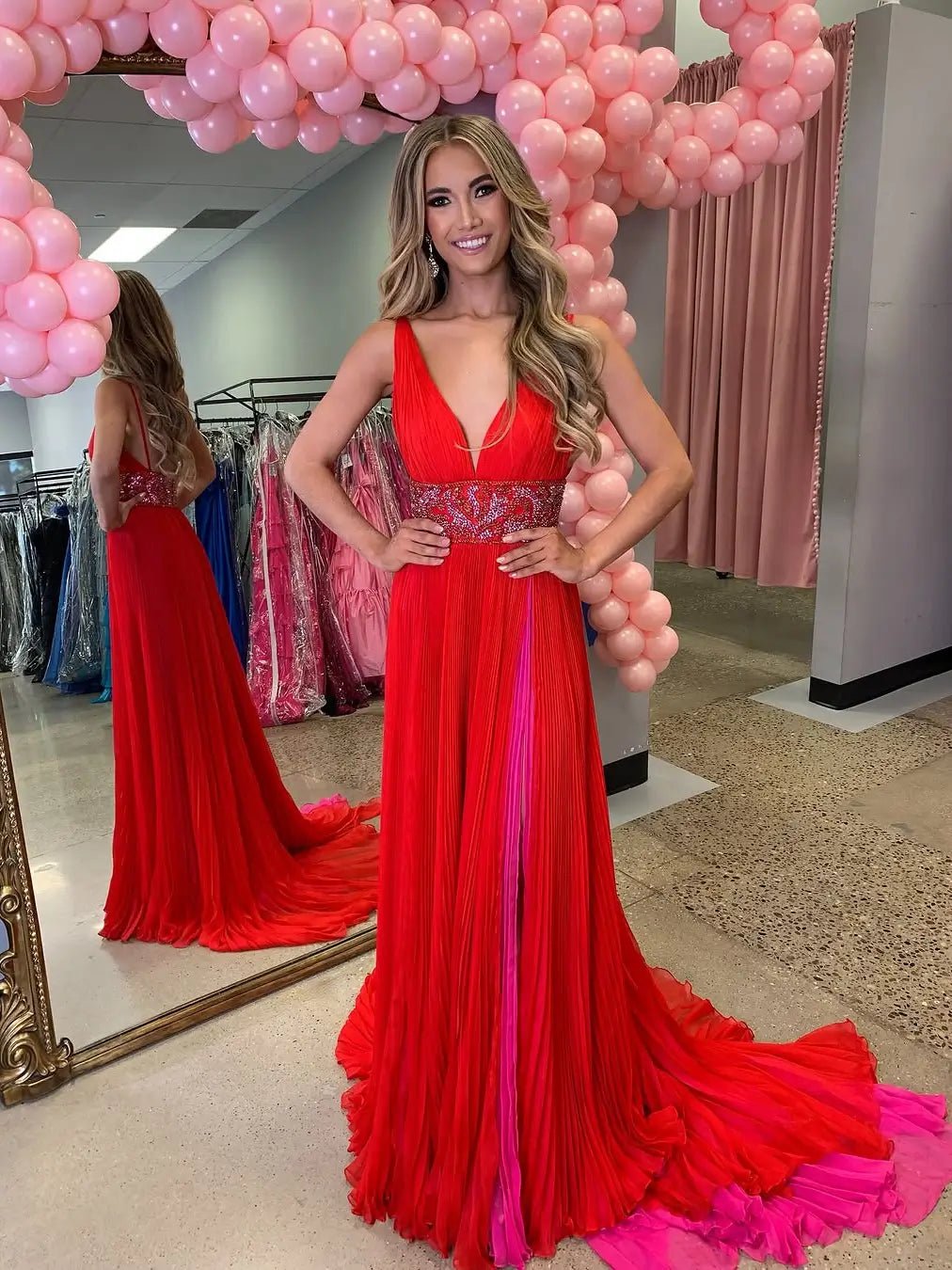 Red Pleated Chiffon Prom Dress with Slit, V-Neck & Beaded Waist – Style FD6061-prom dresses 2025 -Viniodress-Red-Custom Size-