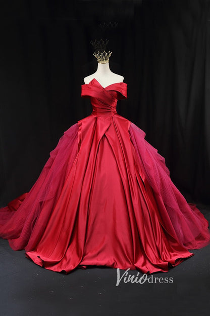 Red Pleated Satin Quinceanera Dresses Off the Shoulder Prom Ball Gown FD3453-prom dresses 2025 -Viniodress-Red-Custom Size-