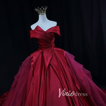 Red Pleated Satin Quinceanera Dresses Off the Shoulder Prom Ball Gown FD3453-prom dresses 2025 -Viniodress-Red-Custom Size-