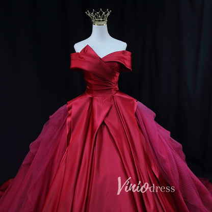 Red Pleated Satin Quinceanera Dresses Off the Shoulder Prom Ball Gown FD3453-prom dresses 2025 -Viniodress-Red-Custom Size-